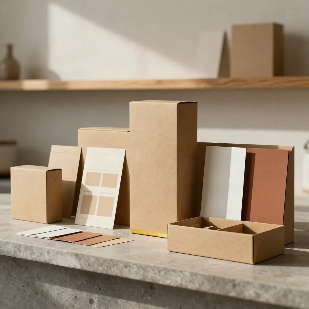 Kraft packaging mockups with carton sleeves on a stone plinth in warm window light