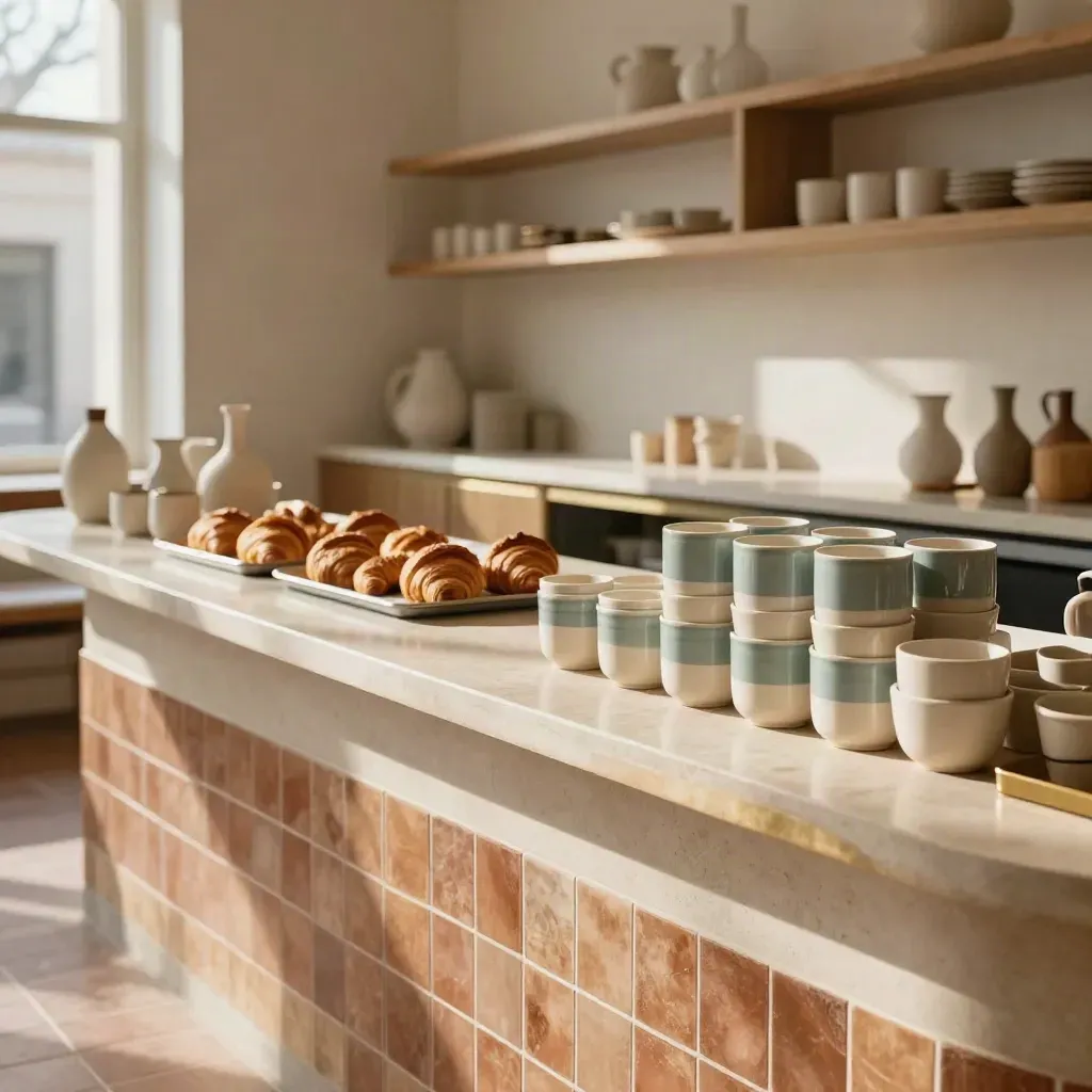 Warm cafe counter with cups, pastries, ceramic vessels and terracotta tile in soft morning light