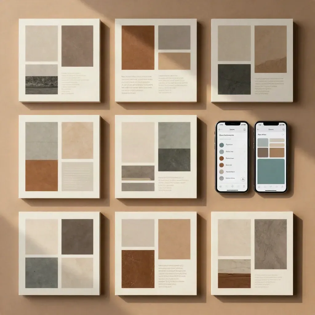 Top-down social media kit mockups with paper cards and phone screens on warm umber.
