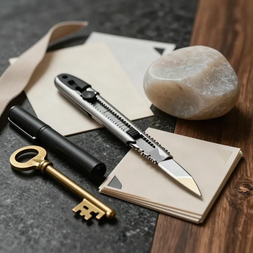 Creative director tools on travertine: knife, marker, brass curves, sample chips, and paperweight