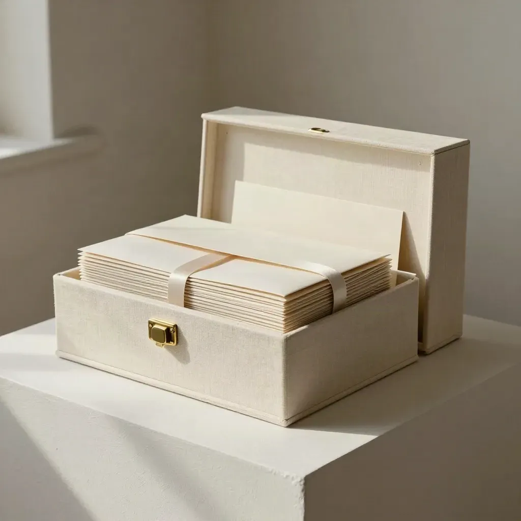 Archival box, ribbon packet, sleeves and drive case on a plaster plinth