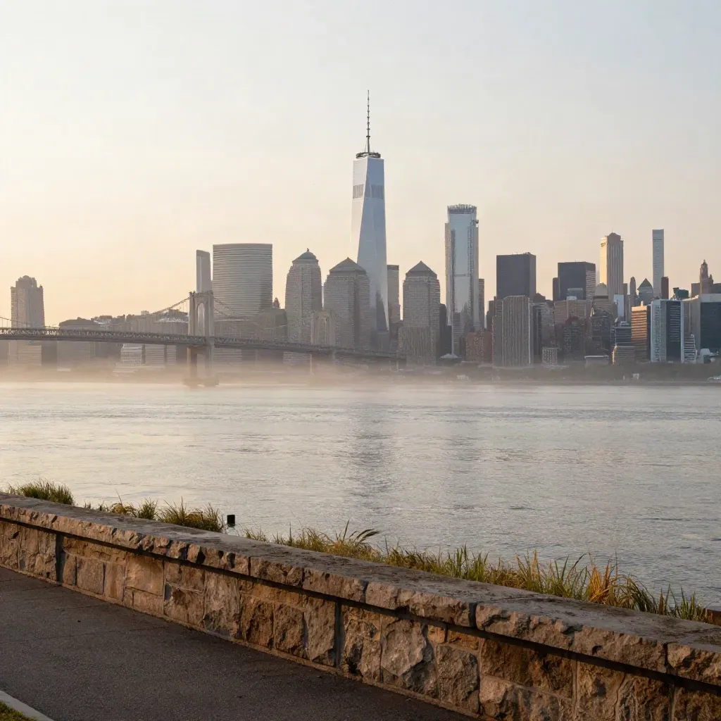 New Jersey Hudson waterfront skyline glowing at golden hour from an elevated overlook.